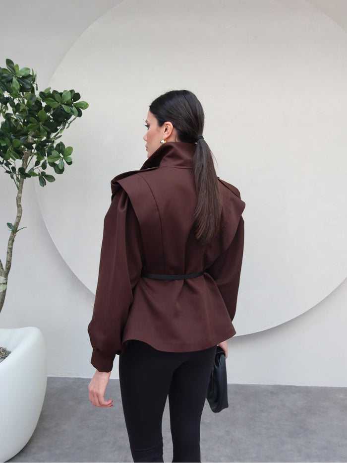 Siyah Kemerli Tasarım Ceket