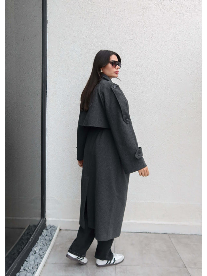 Apolet Detay Kuşaklı Uzun Kaban