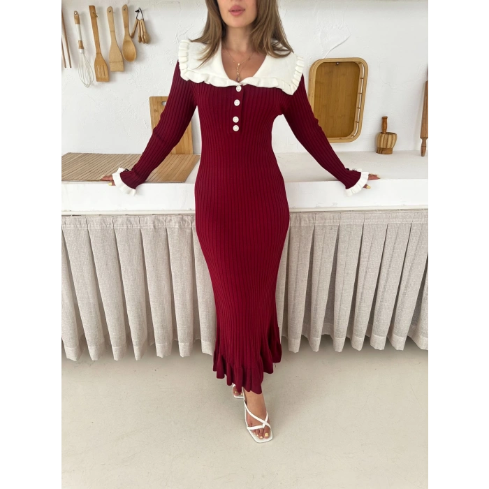 Asil Yaka Triko Elbise Bordo