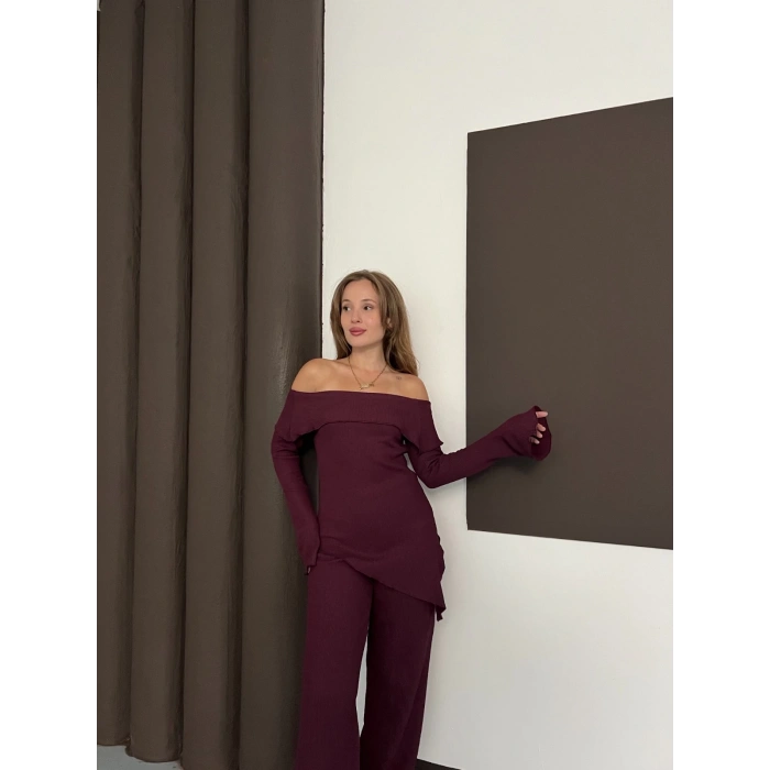 Asimetrik Madonna Yaka Takım Bordo