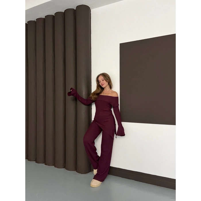Asimetrik Madonna Yaka Takım Bordo