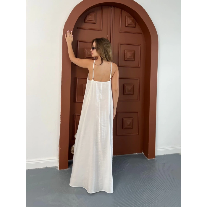 Ayarlanabilir Askılı Keten Elbise Beyaz