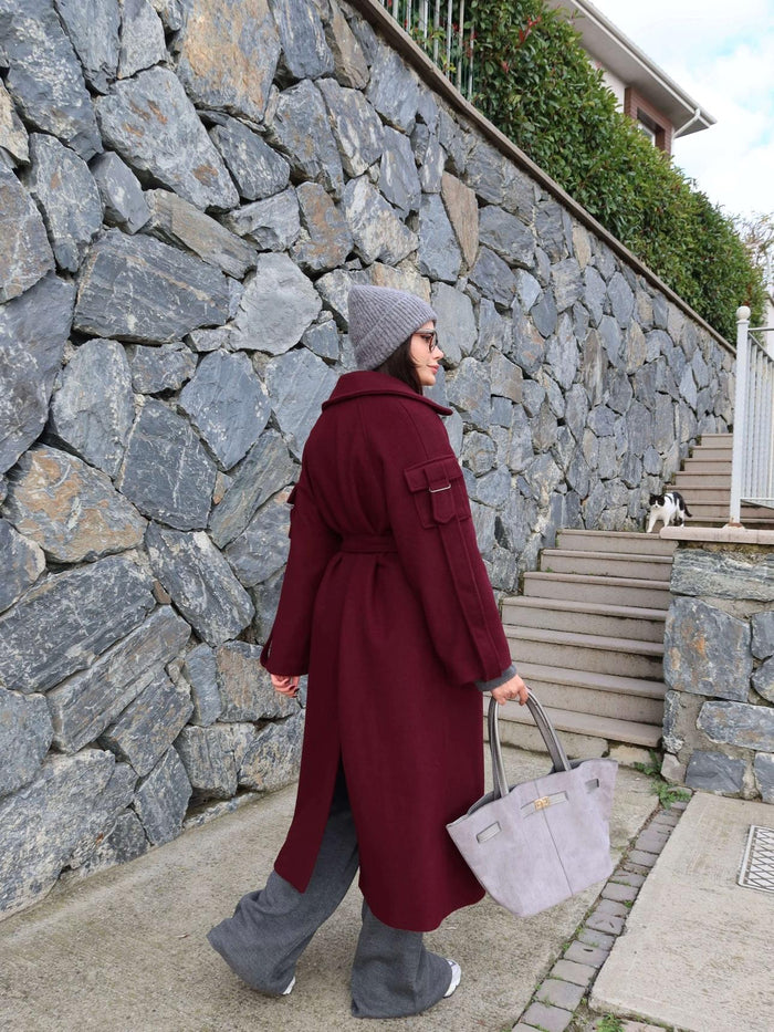 Bordo Yün Karışımlı Sleeve Pocket Kaban