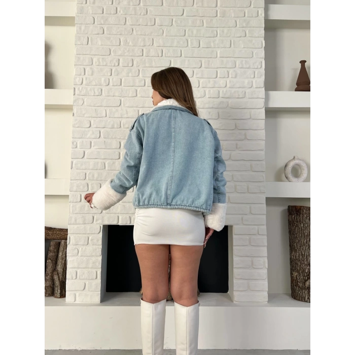Cep Detaylı Peluş Denim Ceket Mavi