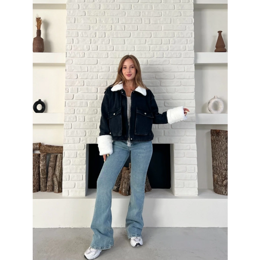 Cep Detaylı Peluş Denim Ceket Siyah