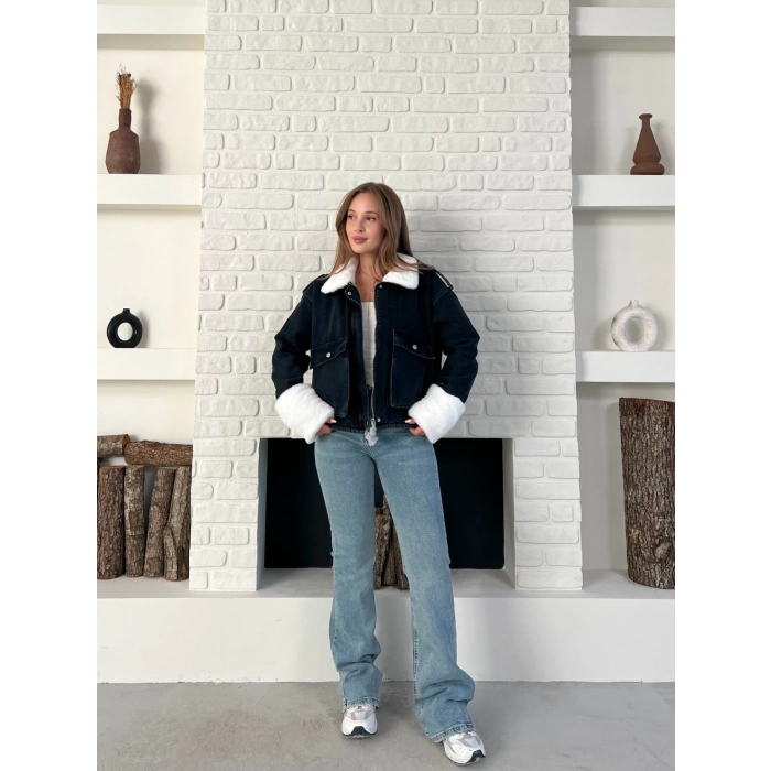 Cep Detaylı Peluş Denim Ceket Siyah