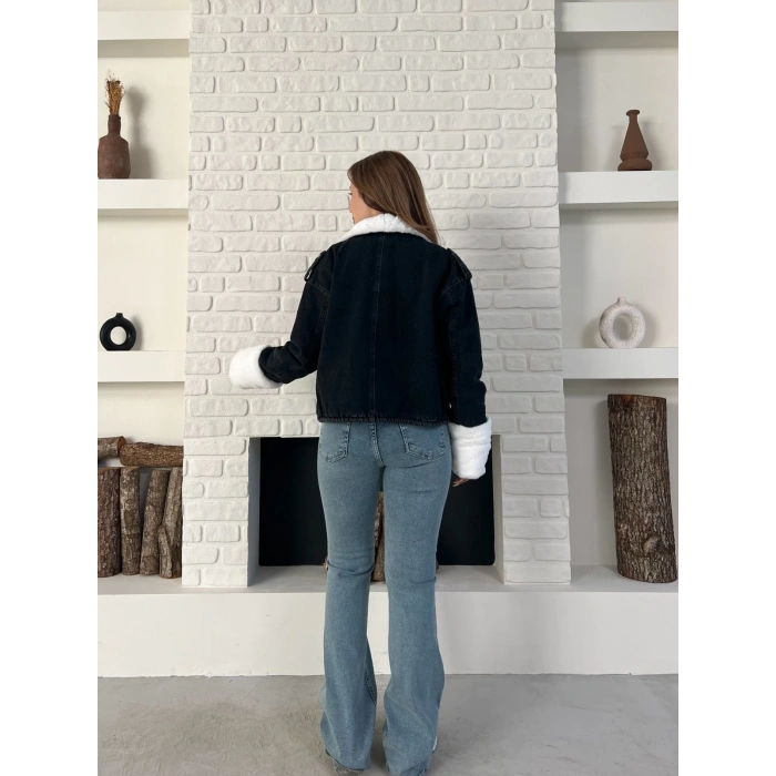Cep Detaylı Peluş Denim Ceket Siyah