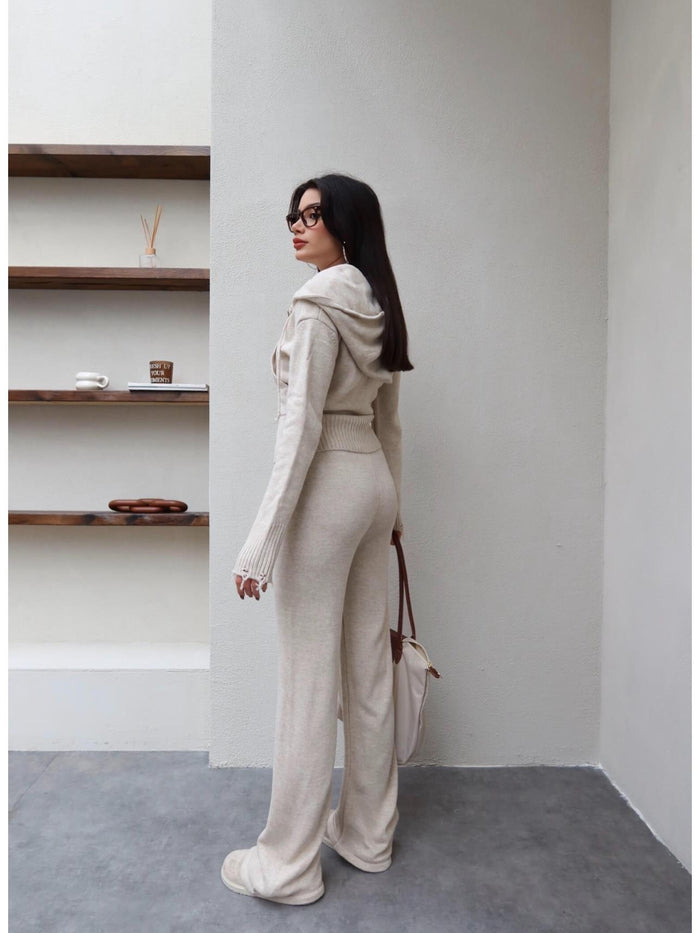 Çift Fermuarlı Triko Takım Taş Rengi