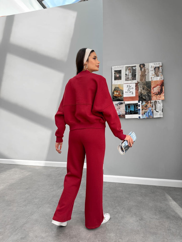 Çimalı Fermuar Detay Şardonlu Eşofman Takım Açık Bordo