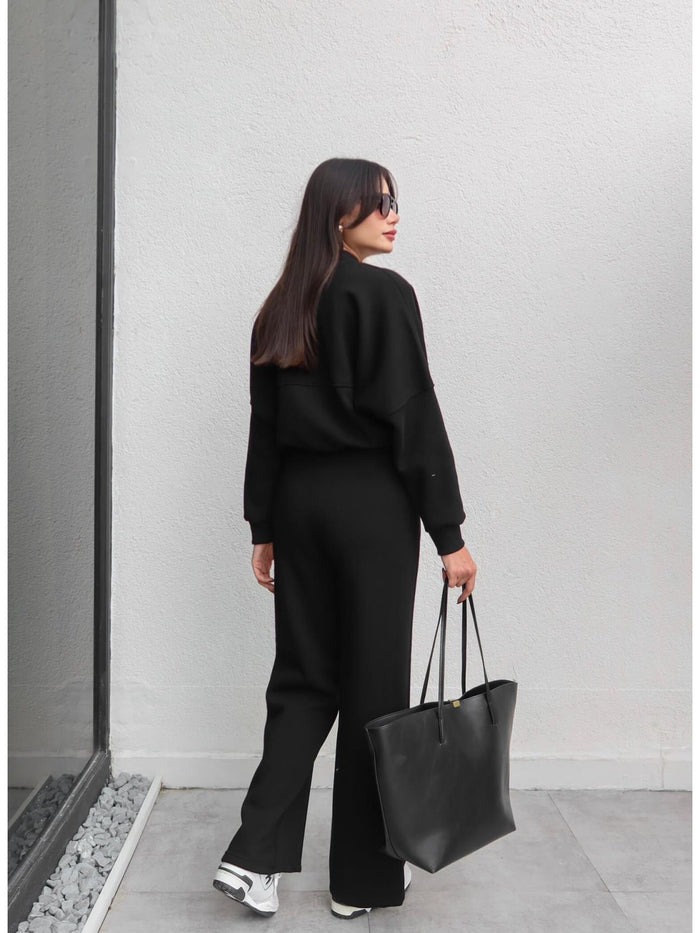 Çimalı Fermuar Detay Şardonlu Eşofman Takım Siyah