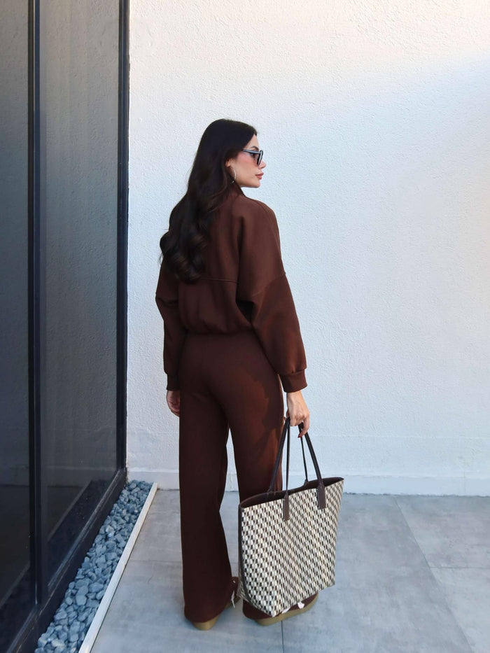 Çimalı Fermuar Detay Şardonlu Eşofman Takım Kahve