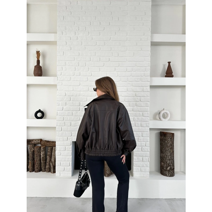 Çıtçıt Detaylı Tasarım Bomber Deri Ceket Kahverengi