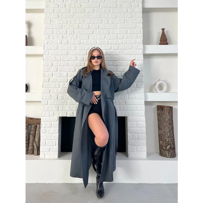 Çizgi Desen Uzun Kaşe Kaban Antrasit