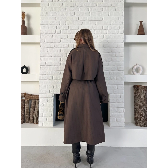 Çizgi Desen Uzun Kaşe Kaban Kahverengi