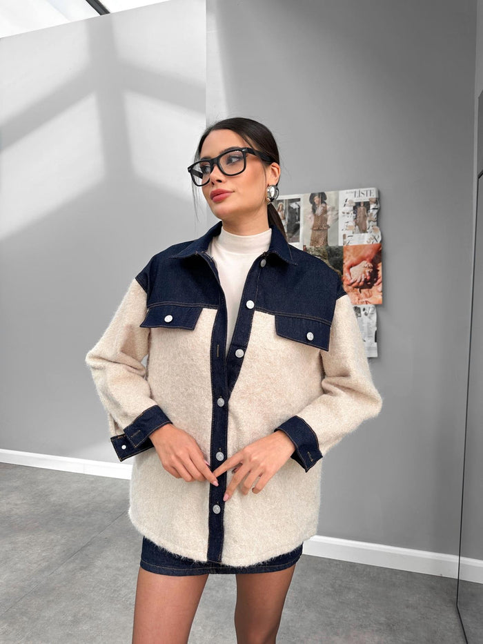 Denim Garnili Buklet Ceket