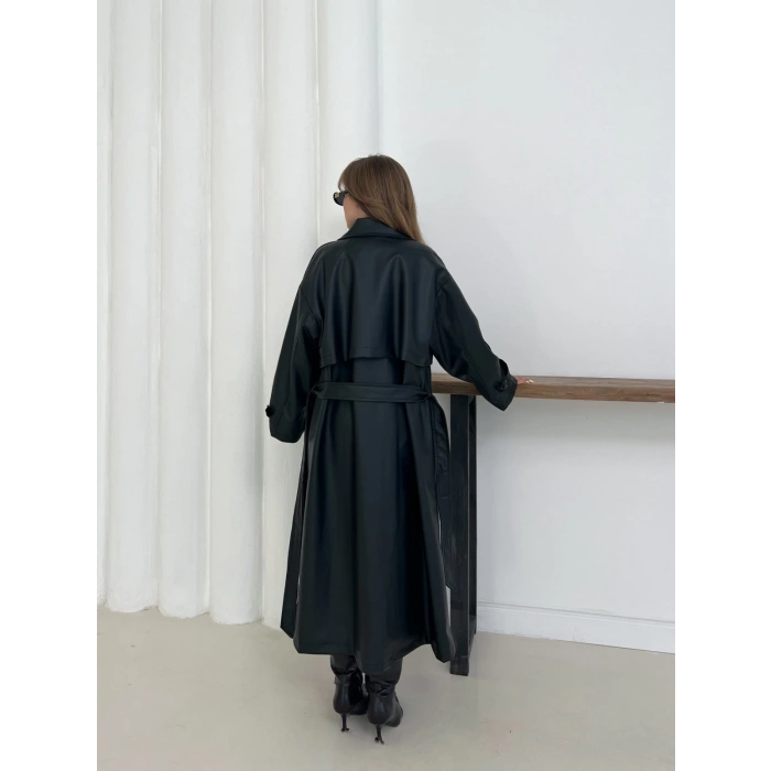 Deri Kuşaklı Trenç Uzun Ceket Siyah