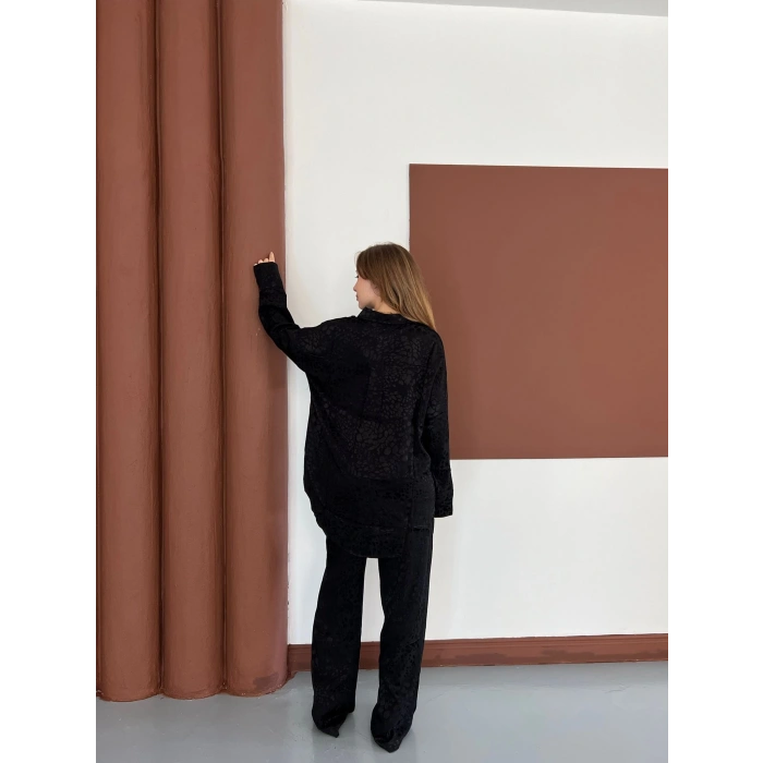 Desenli Gömlek-Pantolon Takım Siyah