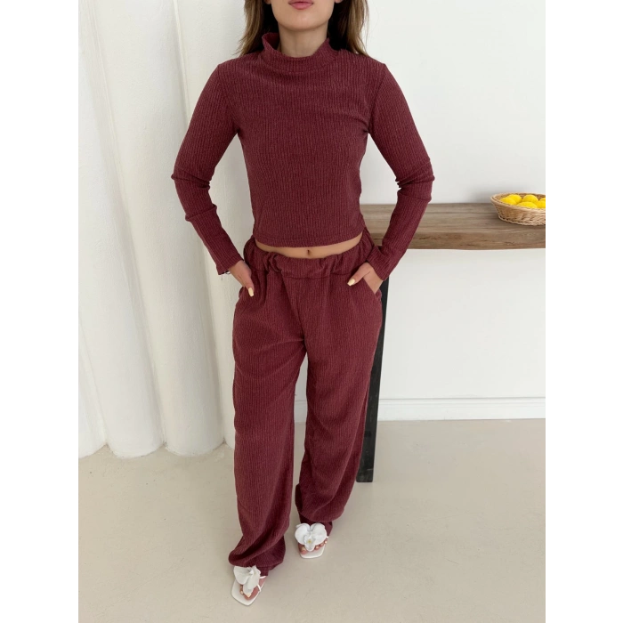 Dik Yaka Pantolonlu Takım Bordo