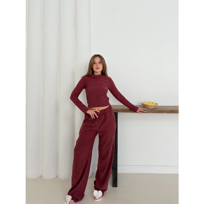Dik Yaka Pantolonlu Takım Bordo