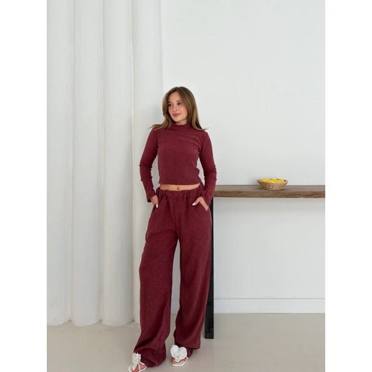 Dik Yaka Pantolonlu Takım Bordo