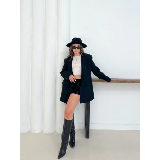 Düğme Detay Kruvaze Yaka Blazer Ceket Siyah