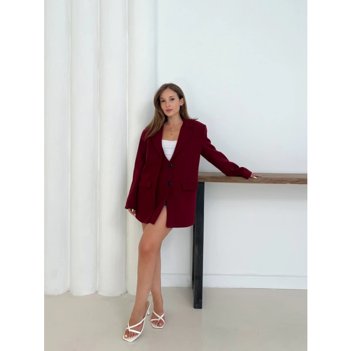 Düğme Detay Kruvaze Yaka Blazer Ceket Kırmızı