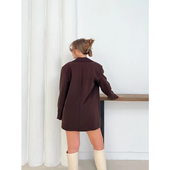 Düğme Detay Kruvaze Yaka Blazer Ceket Kahverengi