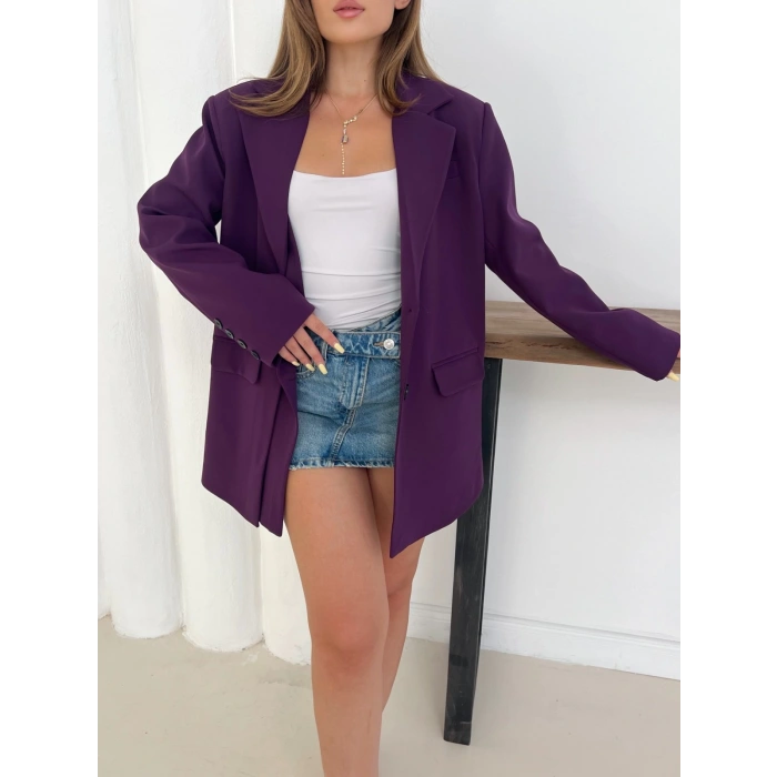 Düğme Detay Kruvaze Yaka Blazer Ceket Mor