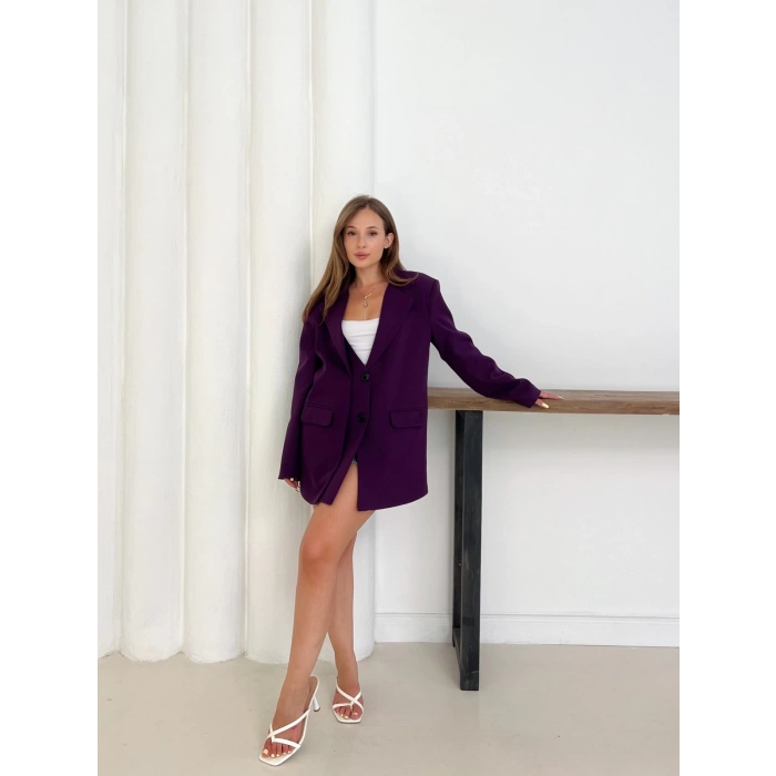 Düğme Detay Kruvaze Yaka Blazer Ceket Mor