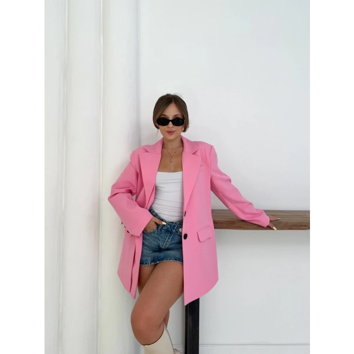 Düğme Detay Kruvaze Yaka Blazer Ceket Pembe