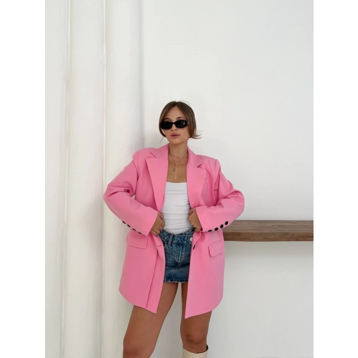 Düğme Detay Kruvaze Yaka Blazer Ceket Pembe