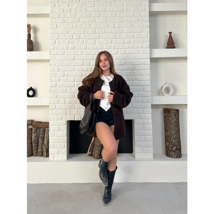 Düğme Detay Teddy Oversize Ceket Kahverengi