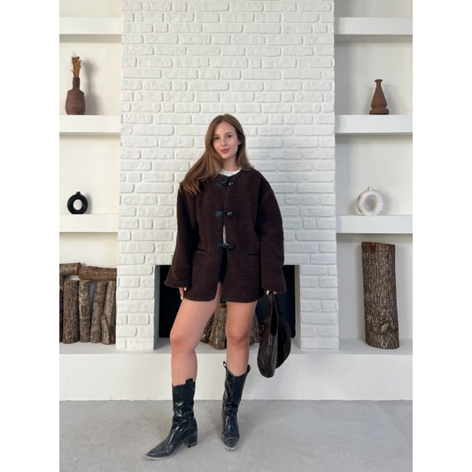 Düğme Detay Teddy Oversize Ceket Kahverengi