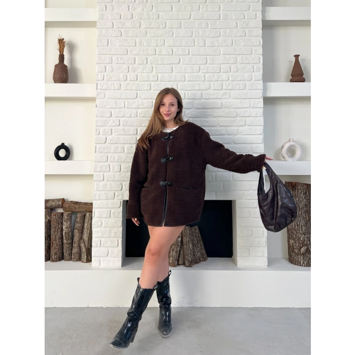 Düğme Detay Teddy Oversize Ceket Kahverengi