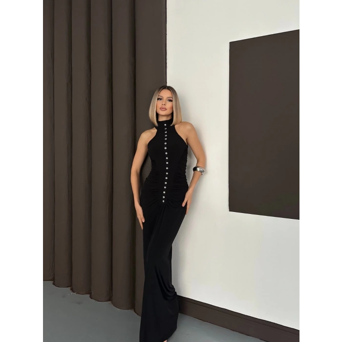 Düğme Detaylı C Yaka Uzun Elbise Siyah