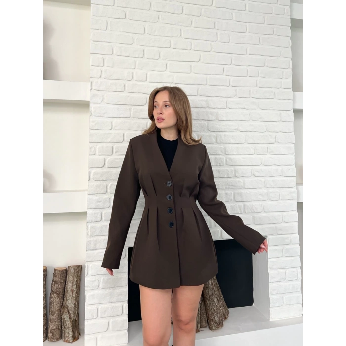 Düğme Detaylı Ceket Elbise Kahverengi