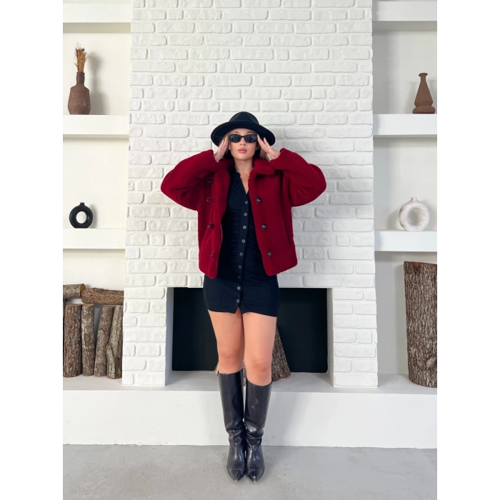 Düğme Detaylı Cepli Peluş Kaban Bordo