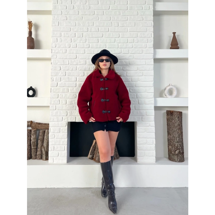 Düğme Detaylı Cepli Peluş Kaban Bordo
