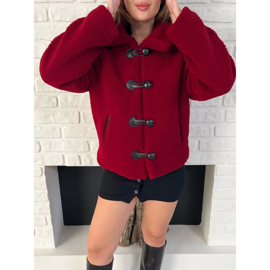 Düğme Detaylı Cepli Peluş Kaban Bordo