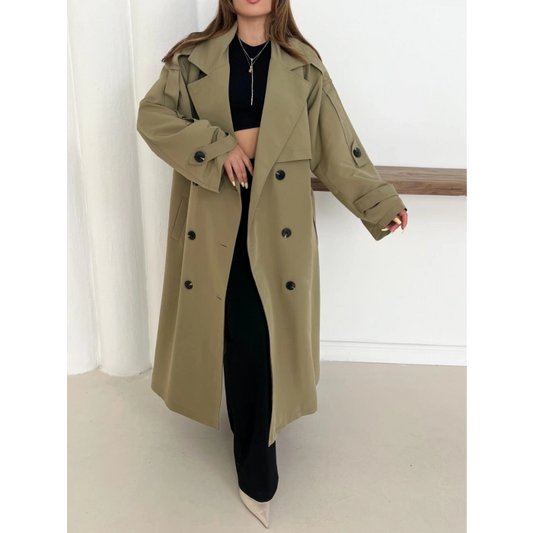 Düğme Detaylı Oversize Trençkot Haki