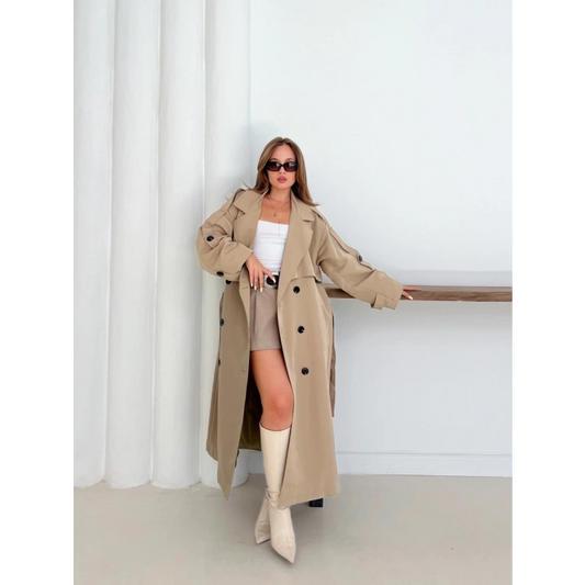 Düğme Detaylı Oversize Trençkot Krem