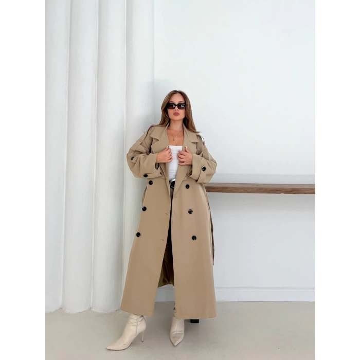 Düğme Detaylı Oversize Trençkot Krem
