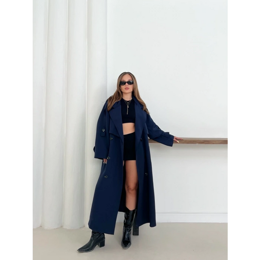 Düğme Detaylı Oversize Trençkot Lacivert