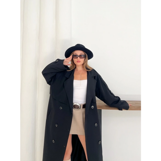 Düğme Detaylı Oversize Trençkot Siyah