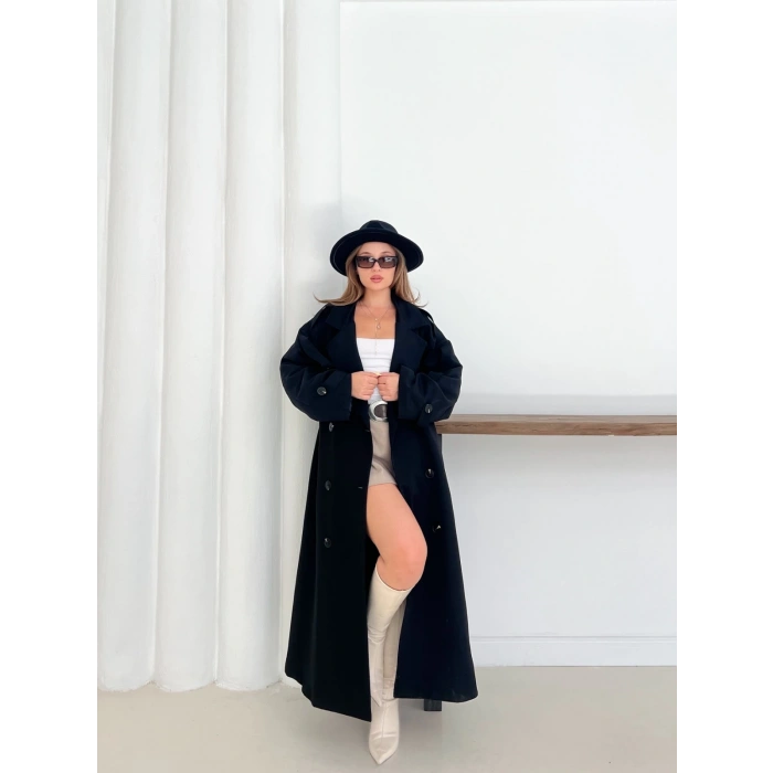 Düğme Detaylı Oversize Trençkot Siyah