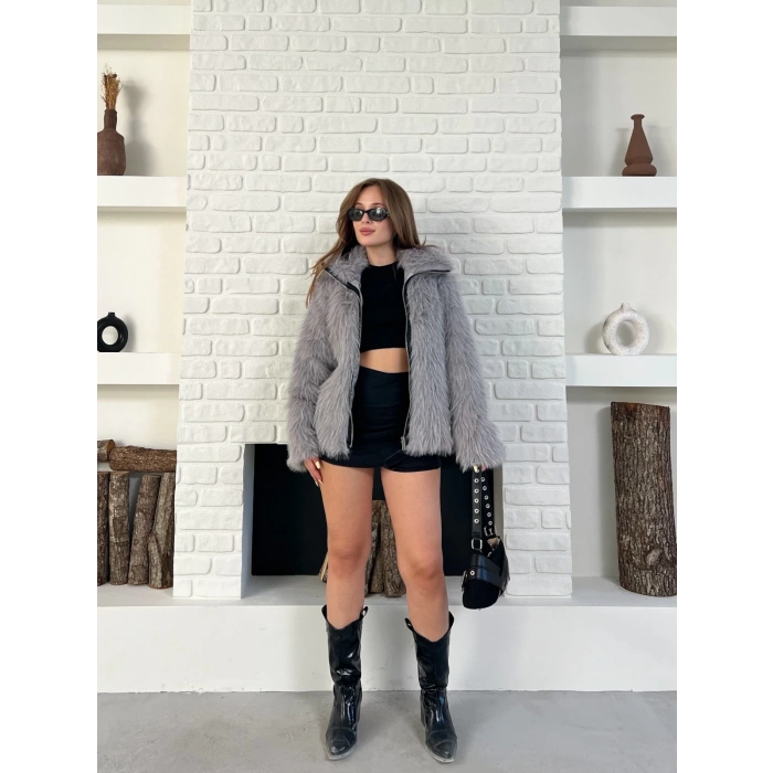 Fermuar Detaylı Velura Kürk Gri