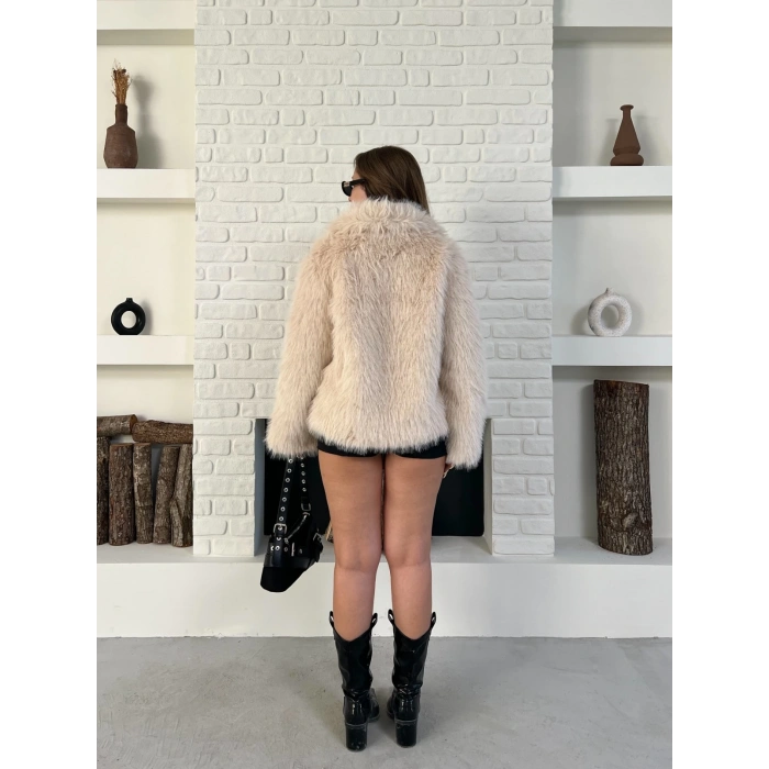 Fermuar Detaylı Velura Kürk Krem