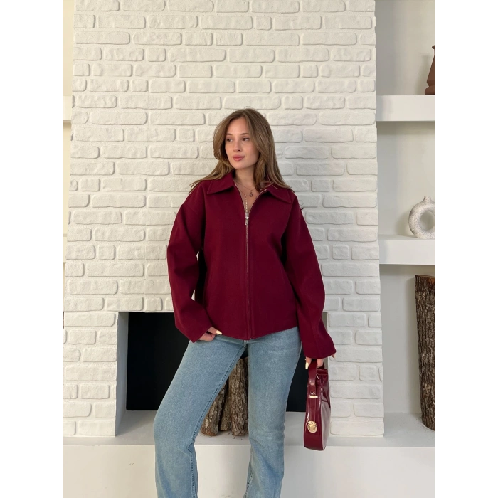 Fermuarlı Kaşe Kısa Ceket Bordo