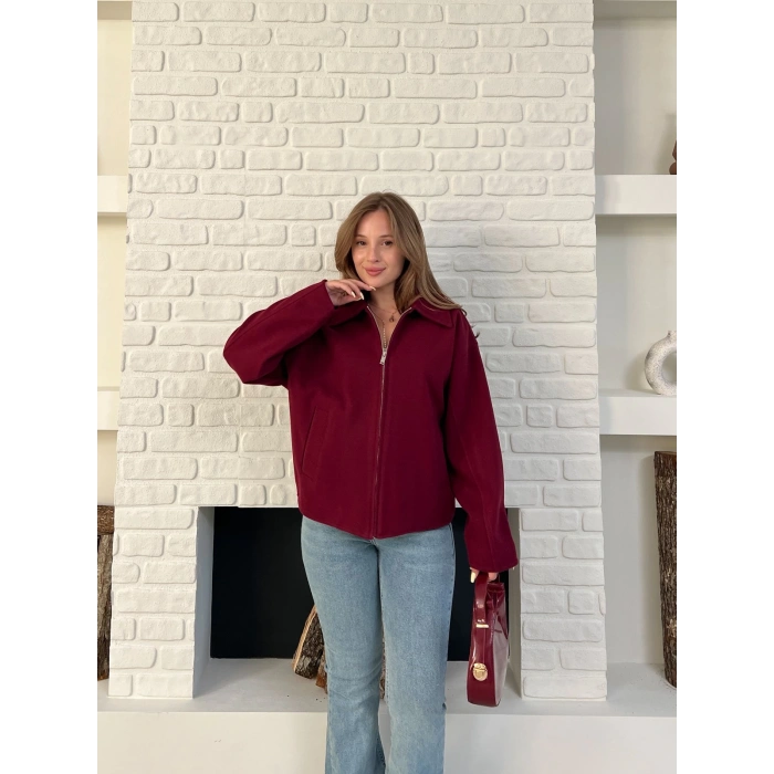 Fermuarlı Kaşe Kısa Ceket Bordo