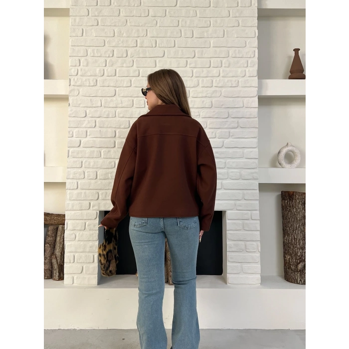 Fermuarlı Kaşe Kısa Ceket Kahverengi